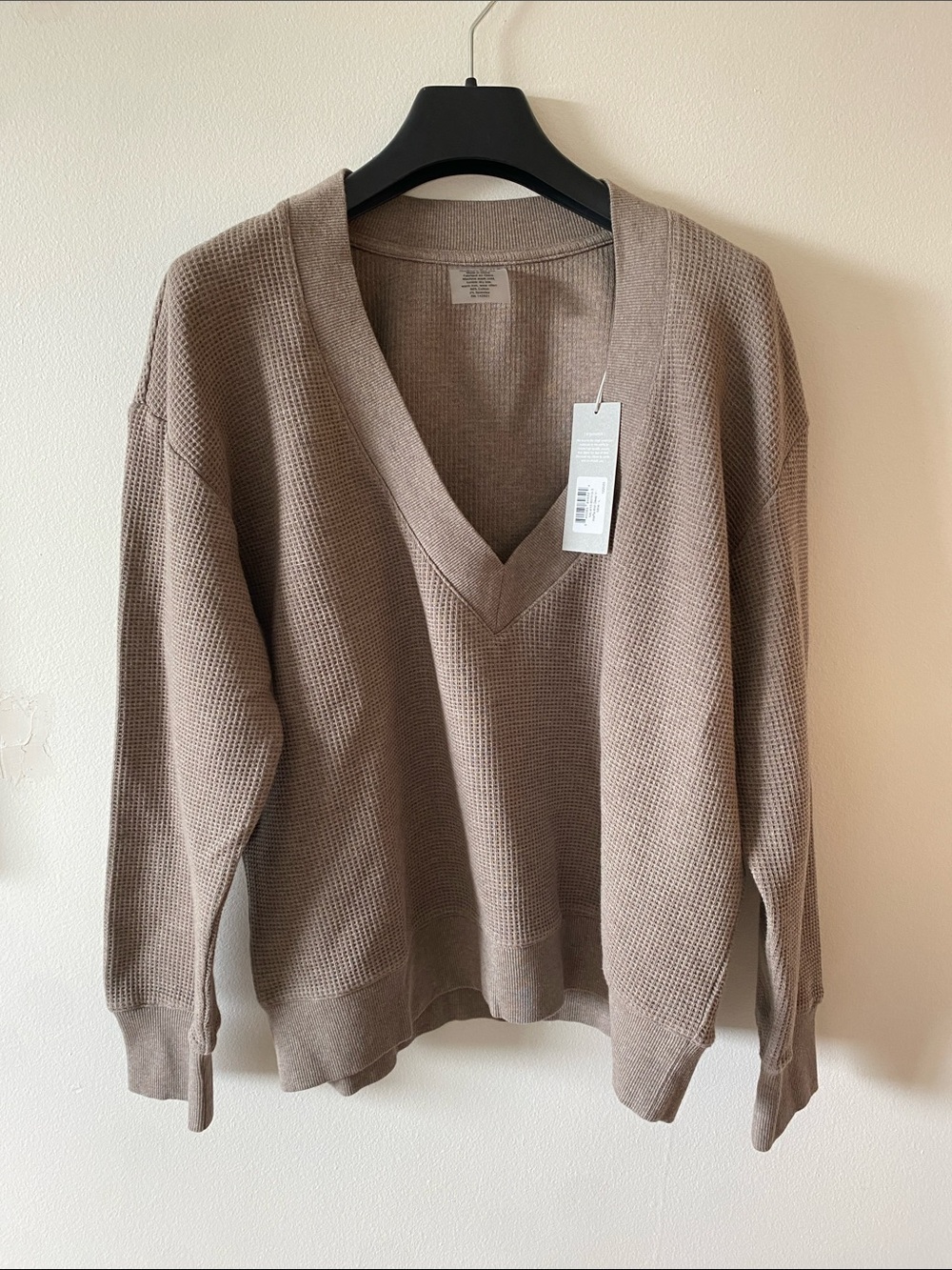 NWT NEGATIVE UNDERWEAR Waffle Knit Deep V-Neck Pullover - Mink